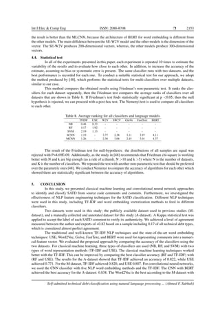 Int J Elec & Comp Eng ISSN: 2088-8708 ❒ 2153
the result is better than the MLCNN, because the architecture of BERT for word embedding is different from
the other models. The main diffidence between the SE-W2V model and the other models is the dimension of the
vector. The SE-W2V produces 200-dimensional vectors, whereas, the other models produce 300-dimensional
vectors.
4.4. Statistical test
In all of the experiments presented in this paper, each experiment is repeated 10 times to estimate the
variability of the results and to evaluate how close to each other. In addition, to increase the accuracy of the
estimate, assuming no bias or systematic error is present. The same classifier runs with two datasets, and the
best performance is recorded for each one. To conduct a suitable statistical test for our approach, we adopt
the method produced by [48], which performs the statistical tests for multi-classifiers over multiple datasets,
similar to our case.
This method compares the obtained results using Friedman’s non-parametric test. It ranks the clas-
sifiers for each dataset separately, then the Friedman test compares the average ranks of classifiers over all
datasets that are shown in Table 8. If Friedman’s test finds statistically significant at p <0.05, then the null
hypothesis is rejected, we can proceed with a post-hoc test. The Nemenyi test is used to compare all classifiers
to each other.
Table 8. Average ranking for all classifiers and language models
TFIDF USE W2V SW2V GloVe FastText BERT
NB 0.46 0.33 - - - - -
RF 4.17 1.92 - - - - -
SVM 2.19 1.13 - - - - -
SCNN 1.19 - 3.77 2.38 3.11 3.97 4.11
MCNN 1.26 - 2.38 3.08 2.45 3.01 4.37
The result of the Friedman test for null-hypothesis: the distributions of all samples are equal was
rejected with P=4.69E-09. Additionally, as the study in [48] recommends that Friedman chi-square is working
better with N and k are big enough (as a rule of a thumb, N >10 and k >5) where N is the number of datasets,
and K is the number of classifiers. We repeated the test with another non-parametric test that should be preferred
over the parametric ones [48]. We conduct Nemenyi to compare the accuracy of algorithms for each other which
showed there are statistically significant between the accuracy of algorithms.
5. CONCLUSION
In this study, we presented classical machine learning and convolutional neural network approaches
to identify and classify SATD from source code comments and commits. Furthermore, we investigated the
effectiveness of NLP feature engineering techniques for the SATD classification. Different NLP techniques
were used in this study, including TF-IDF and word embedding vectorization methods to feed in different
classifiers.
Two datasets were used in this study; the publicly available dataset used in previous studies (M-
dataset), and a manually collected and annotated dataset for this study (A-dataset). A Kappa statistical test was
applied to accept the label of each SATD comment to verify its authenticity. We achieved a level of agreement
measured between the author and experts of +0.82 based on a sample including 0.17 of all technical debt types,
which is considered almost perfect agreement.
The traditional and well-known TF-IDF NLP techniques and the state-of-the-art word embedding
techniques: USE, Word2Vec, Golve, FastText, and BERT were used for representing comments into a numeri-
cal feature vector. We evaluated the proposed approach by comparing the accuracy of the classifiers using the
two datasets. For classical machine learning, three types of classifiers are used (NB, RF, and SVM) with two
types of word representation methods (TF-IDF and USE). The classical machine learning techniques worked
better with the TF-IDF. This can be improved by comparing the best classifier accuracy (RF and TF-IDF) with
(RF and USE). The results for the A-dataset showed that TF-IDF achieved an accuracy of 0.822, while USE
achieved 0.771. For the M-dataset, TF-IDF achieved 0.820, and USE 0.807. For convolutional neural networks,
we used the CNN classifier with five NLP word embedding methods and the TF-IDF. The CNN with BERT
achieved the best accuracy for the A-dataset: 0.838. The Word2Vec is the best according to the M-dataset with
Self-admitted technical debt classification using natural language processing ... (Ahmed F. Sabbah)
 