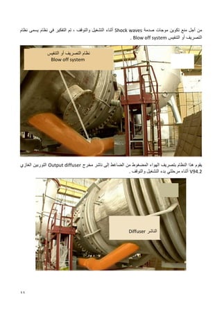 11
‫صدمة‬ ‫موجات‬ ‫تكوين‬ ‫منع‬ ‫أجل‬ ‫من‬
Shock waves
‫و‬ ‫التشغيل‬ ‫أثناء‬
‫التوقف‬
‫يسمى‬ ‫نظام‬ ‫في‬ ‫التفكير‬ ‫تم‬ ،
‫نظام‬
‫التنفيس‬ ‫أو‬ ‫التصريف‬
Blow off system
.
‫بت‬ ‫النظام‬ ‫هذا‬ ‫يقوم‬
‫صريف‬
‫ناشر‬ ‫إلى‬ ‫الضاغط‬ ‫من‬ ‫المضغوط‬ ‫الهواء‬
‫مخرج‬
Output diffuser
‫ا‬ ‫التوربين‬
‫لغازي‬
V94.2
‫مرحلتي‬ ‫أثناء‬
‫التشغيل‬ ‫بدء‬
‫والتوقف‬
.
‫التنفيس‬ ‫أو‬ ‫التصريف‬ ‫نظام‬
Blow off system
‫الناشر‬
Diffuser
 