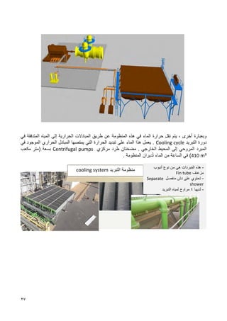 27
‫هذه‬ ‫في‬ ‫الماء‬ ‫حرارة‬ ‫نقل‬ ‫يتم‬ ، ‫أخرى‬ ‫وبعبارة‬
‫المنظومة‬
‫في‬ ‫المتدفقة‬ ‫المياه‬ ‫إلى‬ ‫الحرارية‬ ‫المبادالت‬ ‫طريق‬ ‫عن‬
‫التبريد‬ ‫دورة‬
Cooling cycle
‫في‬ ‫الموجود‬ ‫الحراري‬ ‫المبادل‬ ‫يمتصها‬ ‫التي‬ ‫الحرارة‬ ‫تبديد‬ ‫على‬ ‫الماء‬ ‫هذا‬ ‫يعمل‬ .
‫ال‬
‫الم‬ ‫مبرد‬
‫روح‬
‫ي‬
‫إلى‬
‫الخارجي‬ ‫المحيط‬
‫مركزي‬ ‫طرد‬ ‫مضختان‬ .
Centrifugal pumps
‫بسعة‬
‫مكعب‬ ‫(متر‬
410 m³
)
‫الماء‬ ‫من‬ ‫الساعة‬ ‫في‬
. ‫المنظومة‬ ‫ديران‬ُ‫ت‬
‫التبريد‬ ‫منظومة‬
cooling system -
ُ‫م‬‫ال‬ ‫هذه‬
‫هي‬ ‫بردات‬
‫من‬
‫أنبوب‬ ‫نوع‬
‫مزعنف‬
Fin tube
-
‫منفصل‬ ‫دش‬ ‫على‬ ‫تحتوي‬
Separate
shower
-
‫لديها‬
4
‫التبريد‬ ‫لمياه‬ ‫مراوح‬
 