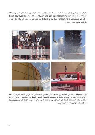 30
‫يتم‬
‫توزيع‬
‫مياه‬
‫الحريق‬
‫في‬
‫جميع‬
‫أنحاء‬
‫المحطة‬
‫ك‬
‫منظومة‬
‫إطفاء‬
‫عام‬
‫ة‬
.
‫تم‬
‫تصميم‬
‫هذ‬
‫ه‬
‫ال‬
‫م‬
‫نظ‬
‫ومة‬
‫ح‬
‫ول‬
‫محوالت‬
‫و‬ ‫الوحدات‬
‫المحوالت‬
‫الرئيسية‬
Main and unit transformers
‫كنظام‬
‫تدفق‬
‫مباشر‬
Direct flow system
،
‫كما‬
‫أنها‬
ُ‫ت‬
‫ستخدم‬
‫للتبريد‬
‫أثناء‬
‫إعادة‬
‫التزود‬
‫بالوقود‬
Refueling
‫لخزانات‬
‫الديزل‬
Diesel tanks
‫وعلى‬
‫جدران‬
‫خزانات‬
‫الوقود‬
Fuel tanks
.
‫ت‬
‫هدف‬
‫م‬
‫نظ‬
‫ومة‬
CO2
‫إلى‬
‫اإلطفاء‬
‫في‬
‫المساح‬
‫األماكن‬ ‫أو‬ ‫ات‬
‫المغلقة‬
‫لمولدات‬
‫مركز‬
‫التحكم‬
‫الموقعي‬
(
LCC
)
Local Control Center generators
‫وحاويات‬
)‫(كابينات‬
‫التحكم‬
‫والسيطرة‬
Control containers
.
‫يتم‬
‫ٳ‬
‫ستخدام‬
‫نظام‬
‫المضخات‬
‫للتحكم‬
‫في‬
‫الحرائق‬
‫في‬
‫خزانات‬
‫الوقود‬
‫وأجزاء‬
‫غرف‬
‫اٳل‬
‫حتراق‬
Combustion
chamber
‫من‬
‫توربينات‬
‫الغاز‬
‫والديزل‬
.
 