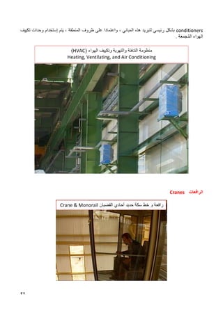 32
conditioners
‫واعتما‬ ، ‫المباني‬ ‫هذه‬ ‫لتبريد‬ ‫رئيسي‬ ‫بشكل‬
‫د‬
‫يتم‬ ، ‫المنطقة‬ ‫ظروف‬ ‫على‬ ‫ا‬
‫إ‬
‫ستخدام‬
‫وحدات‬
‫تكييف‬
‫ال‬
‫هواء‬
‫جمعة‬ُ‫م‬‫ال‬
.
‫الرافعات‬
Cranes
‫منظومة‬
‫الهواء‬ ‫وتكييف‬ ‫والتهوية‬ ‫التدفئة‬
(
HVAC
)
Heating, Ventilating, and Air Conditioning
‫القضبان‬ ‫أحادي‬ ‫حديد‬ ‫سكة‬ ‫خط‬ ‫و‬ ‫رافعة‬
Crane & Monorail
 