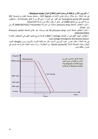 34
2
-
‫الغازي‬ ‫التوربين‬
V94.2
‫في‬
‫وضع‬
‫التعتيم‬
)‫التيار‬ ‫(إنقطاع‬
Blackout mode
:
‫في‬
‫هذه‬
‫الحالة‬
،
‫من‬
‫خالل‬
‫إرسال‬
‫إحدى‬
‫اإلشارات‬
Signals
‫التالية‬
،
‫ستدخل‬
‫مضخة‬
‫الطوارئ‬
(
‫مضخة‬
DC
)
Emergency pump (DC pump)
‫على‬
‫الفور‬
‫إلى‬
‫الدورة‬
،
‫وفي‬
‫أقل‬
‫من‬
(
‫دقائق‬
7 minutes
)
،
‫ستنخفض‬
‫سرعة‬
‫التوربين‬
‫من‬
(
3000 rpm
‫إلى‬ )
‫صفر‬
‫أو‬
‫ي‬
‫قف‬
‫حركة‬ ‫بدون‬ ‫ساكنا‬
Stand still
.
-
‫إ‬ ‫إشارة‬
‫نخفاض‬
‫ال‬
‫ضغط‬
pressure drop
‫المرسلة‬ ‫من‬ ‫مستلمة‬
Transmitter
(
MBV26CP101
)
‫أقل‬
‫من‬
‫(بار‬
3 bar
. )
-
‫إشارة‬
‫انخفاض‬
‫ضغط‬
‫الزيت‬
Oil pressure drop
‫بقوة‬
‫وزياد‬
‫ته‬
‫عبر‬
‫مفتاح‬
‫الضغط‬
Pressure switch
(
MBV26CP003
. )
-
‫إ‬
‫نخفاض‬
‫الجهد‬
‫الكهربائي‬
‫أو‬
‫الفولتية‬
Voltage
(
BME
)
‫المنخفض‬ ‫الكهربائي‬ ‫الجهد‬ ‫توزيع‬ ‫للوحة‬
‫الطارئة‬
Low voltage emergency distribution board
‫في‬
‫هذه‬
‫الحالة‬
،
‫خطر‬
‫تضرر‬
‫عمود‬
‫التوربين‬
‫ألسباب‬
‫مثل‬
‫كفاية‬ ‫عدم‬
‫التبريد‬
‫و‬
‫التزييت‬
‫ووزن‬
Weight
‫العمود‬
‫الهائل‬
‫وغياب‬
‫المضخة‬
‫البادئة‬
Starter pump DC
‫المنظومة‬ ‫من‬
،
‫وارد‬
‫ب‬
‫سبب‬
‫أخطاء‬
‫بشرية‬
‫مما‬
‫ي‬
‫تسبب‬
‫في‬
‫أضرار‬
‫ماديا‬ ‫كلفة‬ُ‫م‬
.
‫مخطط‬
‫ل‬ ‫المفاجيء‬ ‫التوقف‬
‫لتوربين‬
‫الغاز‬
‫ي‬
V94.2
‫في‬
‫وضع‬
‫التعتيم‬
Trip diagram of V94.2 gas
turbine in Blackout mode
 