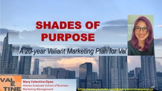 https://www.youtube.com/@maryvalentineopao3150
SHADES OF
PURPOSE
MaryValentineOpao
Ateneo Graduate School of Business
Marketing Management
A 20-year Valiant Marketing Plan for Val
 