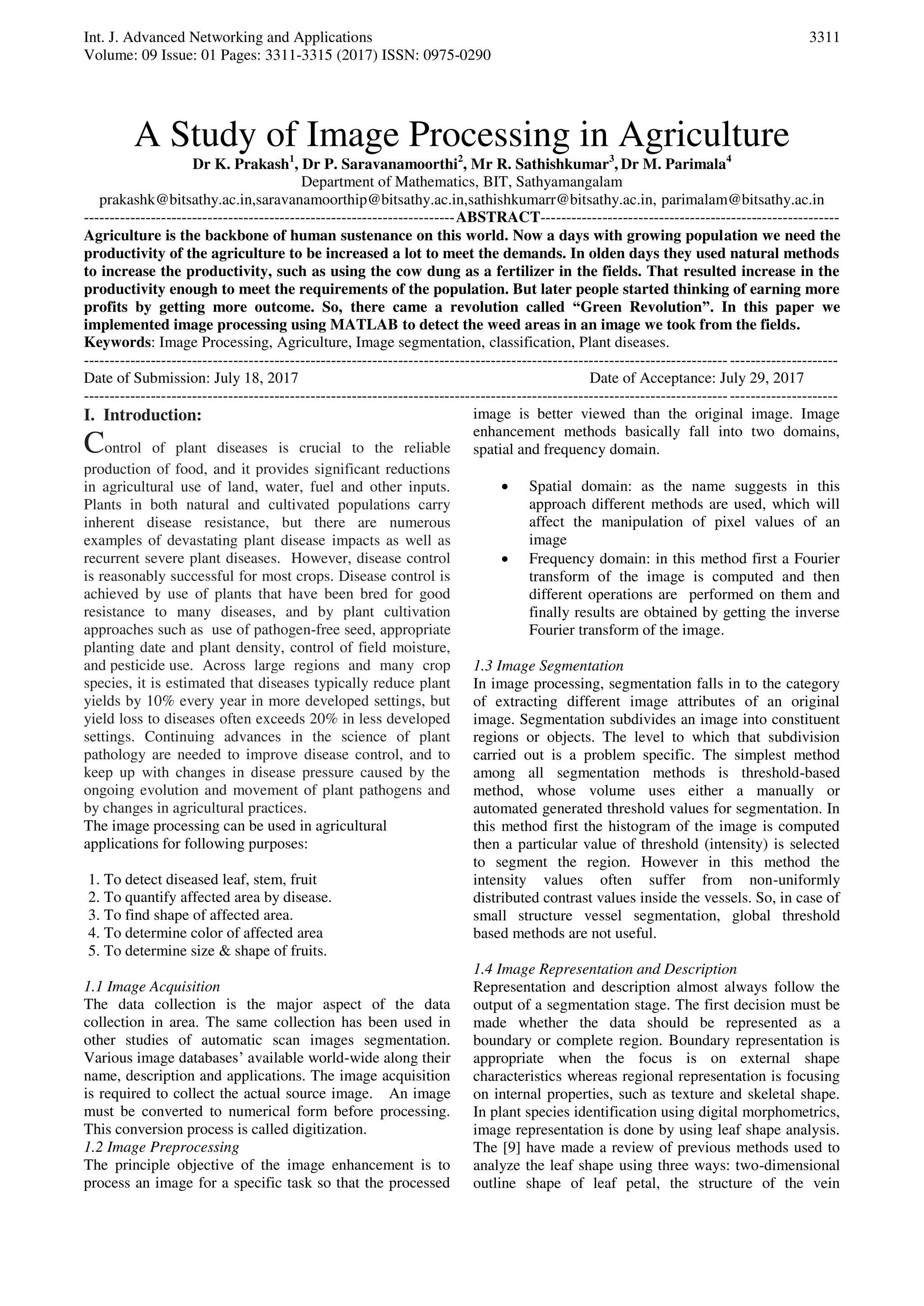 A study of image processing in agriculture pdf free download