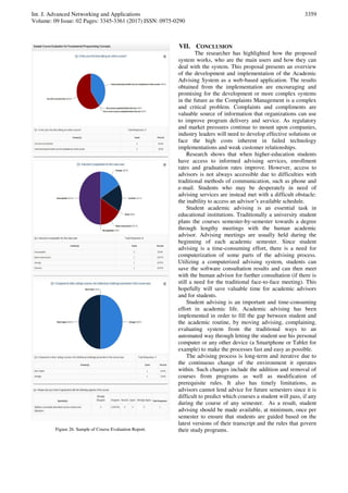 Int. J. Advanced Networking and Applications
Volume: 09 Issue: 02 Pages: 3345-3361 (2017) ISSN: 0975-0290
3359
Figure 26. Sample of Course Evaluation Report.
VII. CONCLUSION
The researcher has highlighted how the proposed
system works, who are the main users and how they can
deal with the system. This proposal presents an overview
of the development and implementation of the Academic
Advising System as a web-based application. The results
obtained from the implementation are encouraging and
promising for the development or more complex systems
in the future as the Complaints Management is a complex
and critical problem. Complaints and compliments are
valuable source of information that organizations can use
to improve program delivery and service. As regulatory
and market pressures continue to mount upon companies,
industry leaders will need to develop effective solutions or
face the high costs inherent in failed technology
implementations and weak customer relationships.
Research shows that when higher-education students
have access to informed advising services, enrollment
rates and graduation rates improve. However, access to
advisors is not always accessible due to difficulties with
traditional methods of communication, such as phone and
e-mail. Students who may be desperately in need of
advising services are instead met with a difficult obstacle:
the inability to access an advisor’s available schedule.
Student academic advising is an essential task in
educational institutions. Traditionally a university student
plans the courses semester-by-semester towards a degree
through lengthy meetings with the human academic
advisor. Advising meetings are usually held during the
beginning of each academic semester. Since student
advising is a time-consuming effort, there is a need for
computerization of some parts of the advising process.
Utilizing a computerized advising system, students can
save the software consultation results and can then meet
with the human advisor for further consultation (if there is
still a need for the traditional face-to-face meeting). This
hopefully will save valuable time for academic advisors
and for students.
Student advising is an important and time-consuming
effort in academic life. Academic advising has been
implemented in order to fill the gap between student and
the academic routine, by moving advising, complaining,
evaluating system from the traditional ways to an
automated way through letting the student use his personal
computer or any other device (a Smartphone or Tablet for
example) to make the processes fast and easy as possible.
The advising process is long-term and iterative due to
the continuous change of the environment it operates
within. Such changes include the addition and removal of
courses from programs as well as modification of
prerequisite rules. It also has timely limitations, as
advisors cannot lend advice for future semesters since it is
difficult to predict which courses a student will pass, if any
during the course of any semester. As a result, student
advising should be made available, at minimum, once per
semester to ensure that students are guided based on the
latest versions of their transcript and the rules that govern
their study programs.
 