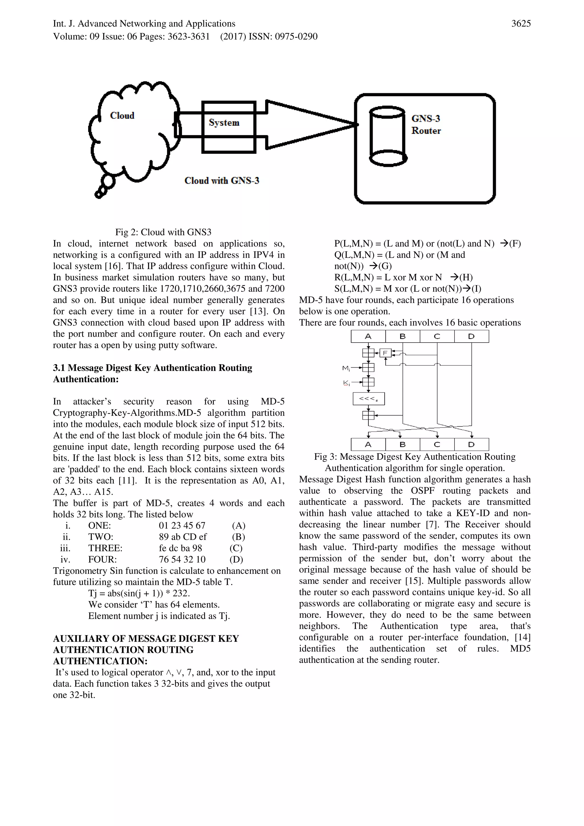 Int. J. Advanced Networking and Applications Volume: 09 Issue: 06 Pages: 3623-3631 (2017) ISSN: 0975-0290 3625 Fig 2: Cloud with GNS3 In cloud, internet network based on applications so, networking is a configured with an IP address in IPV4 in local system [16]. That IP address configure within Cloud. In business market simulation routers have so many, but GNS3 provide routers like 1720,1710,2660,3675 and 7200 and so on. But unique ideal number generally generates for each every time in a router for every user [13]. On GNS3 connection with cloud based upon IP address with the port number and configure router. On each and every router has a open by using putty software. 3.1 Message Digest Key Authentication Routing Authentication: In attacker’s security reason for using MD-5 Cryptography-Key-Algorithms.MD-5 algorithm partition into the modules, each module block size of input 512 bits. At the end of the last block of module join the 64 bits. The genuine input date, length recording purpose used the 64 bits. If the last block is less than 512 bits, some extra bits are 'padded' to the end. Each block contains sixteen words of 32 bits each [11]. It is the representation as A0, A1, A2, A3… A15. The buffer is part of MD-5, creates 4 words and each holds 32 bits long. The listed below i. ONE: 01 23 45 67 (A) ii. TWO: 89 ab CD ef (B) iii. THREE: fe dc ba 98 (C) iv. FOUR: 76 54 32 10 (D) Trigonometry Sin function is calculate to enhancement on future utilizing so maintain the MD-5 table T. Tj = abs(sin(j + 1)) * 232. We consider ‘T’ has 64 elements. Element number j is indicated as Tj. AUXILIARY OF MESSAGE DIGEST KEY AUTHENTICATION ROUTING AUTHENTICATION: It’s used to logical operator , , 7, and, xor to the input data. Each function takes 3 32-bits and gives the output one 32-bit. P(L,M,N) = (L and M) or (not(L) and N) (F) Q(L,M,N) = (L and N) or (M and not(N)) (G) R(L,M,N) = L xor M xor N (H) S(L,M,N) = M xor (L or not(N))(I) MD-5 have four rounds, each participate 16 operations below is one operation. There are four rounds, each involves 16 basic operations Fig 3: Message Digest Key Authentication Routing Authentication algorithm for single operation. Message Digest Hash function algorithm generates a hash value to observing the OSPF routing packets and authenticate a password. The packets are transmitted within hash value attached to take a KEY-ID and non- decreasing the linear number [7]. The Receiver should know the same password of the sender, computes its own hash value. Third-party modifies the message without permission of the sender but, don’t worry about the original message because of the hash value of should be same sender and receiver [15]. Multiple passwords allow the router so each password contains unique key-id. So all passwords are collaborating or migrate easy and secure is more. However, they do need to be the same between neighbors. The Authentication type area, that's configurable on a router per-interface foundation, [14] identifies the authentication set of rules. MD5 authentication at the sending router. 