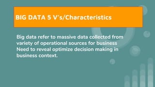 BIG DATA 5 V’s/Characteristics
Big data refer to massive data collected from
variety of operational sources for business
Need to reveal optimize decision making in
business context.
 