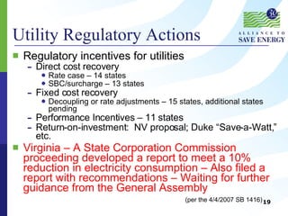 Utility Regulatory Actions Regulatory incentives for utilities Direct cost recovery Rate case – 14 states SBC/surcharge – 13 states Fixed cost recovery  Decoupling or rate adjustments – 15 states, additional states pending Performance Incentives – 11 states Return-on-investment:  NV proposal; Duke “Save-a-Watt,” etc. Virginia – A State Corporation Commission proceeding developed a report to meet a 10% reduction in electricity consumption – Also filed a report with recommendations – Waiting for further guidance from the General Assembly (per the 4/4/2007 SB 1416) 
