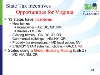 State Tax Incentives Opportunities for Virginia 13 states have  incentives New homes  Homeowner - AZ, DC, MT, NM  Builder - OK, OR Existing homes – CA, DC, ID, OR Commercial buildings – NM, NY, OR Property tax exemptions – MD local option, NV ENERGY STAR sales tax holidays – GA,CT,  VA States using a  Green Building Rating  (LEED) MD, NV, NM, OR 