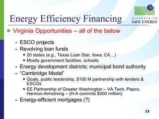 Energy Efficiency Financing Virginia Opportunities – all of the below ESCO projects Revolving loan funds 20 states (e.g., Texas Loan Star, Iowa, CA…) Mostly government facilities, schools Energy development districts; municipal bond authority “ Cambridge Model” Goals, public leadership, $100 M partnership with lenders & ESCOs EE Partnership of Greater Washington – VA Tech, Pepco, Hannon-Armstrong – (H-A commits $500 million) Energy-efficient mortgages (?) 