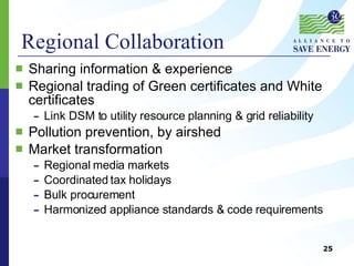 Regional Collaboration Sharing information & experience Regional trading of Green certificates and White certificates Link DSM to utility resource planning & grid reliability Pollution prevention, by airshed Market transformation Regional media markets Coordinated tax holidays Bulk procurement Harmonized appliance standards & code requirements 