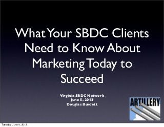 WhatYour SBDC Clients
Need to Know About
Marketing Today to
Succeed
Virginia SBDC Network
June 5, 2013
Douglas Burdett
Tuesday, June 4, 2013
 