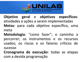 Objetivo geral e objetivos específicos:
atividades e ações a serem implementadas
Metas: para cada objetivo específico, uma
meta
Metodologia: “como fazer”; o caminho a
percorrer; os instrumentos e os recursos
usados; os riscos e os fatores críticos de
sucesso
Cronograma de execução: todas as etapas
com a devida programação
 