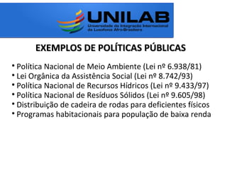 EXEMPLOS DE POLÍTICAS PÚBLICASEXEMPLOS DE POLÍTICAS PÚBLICAS

Política Nacional de Meio Ambiente (Lei nº 6.938/81)

Lei Orgânica da Assistência Social (Lei nº 8.742/93)

Política Nacional de Recursos Hídricos (Lei nº 9.433/97)

Política Nacional de Resíduos Sólidos (Lei nº 9.605/98)

Distribuição de cadeira de rodas para deficientes físicos

Programas habitacionais para população de baixa renda
 