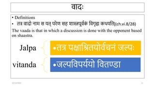 वादः
• Definitions
• तत्र वादो िाम स र्त् परेण सह शास्त्रपूवाक
ं तवर्ृह्य कर्र्तत|(ch.vi.8/28)
The vaada is that in which a discussion is done with the opponent based
on shaastra.
Jalpa •तत्र पक्षातितर्ोवाििं िल्पः
vitanda •िल्पतवपर्ार्ो तवतण्डा
12/12/2022 11
 
