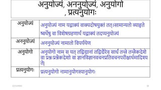 अिुर्ोज्यं, अििुर्ोज्यं, अिुर्ोर्ो
, प्रत्यिुर्ोर्ः
अिुर्ोज्यं अिुर्ोज्यं िाम र्द्वाक्यं वाक्यदोषर्ुक्तं तत्।सामान्यतो व्याहृते
ष्वर्ेषु वा तवशेषग्रहणार्ं र्द्वाक्यं तदप्यिुर्ोज्यं
अििुर्ोज्यं अििुर्ोज्यं िामातो तवपर्ार्ेण
अिुर्ोर्ो अिुर्ोर्ो िाम स र्त् ततद्वद्यािां ततद्वद्यैरेव सािं तन्त्रे तन्त्रैकदेशे
वा प्रश्नःप्रश्नैकदेशो वा ज्ञाितवज्ञािवििप्रततवििपरीक्षार्ामातदश्य
ते|
प्रत्यिुर्ोर्ः प्रत्यिुर्ोर्ो िामािुर्ोर्स्यािुर्ोर्ः
12/12/2022 18
 