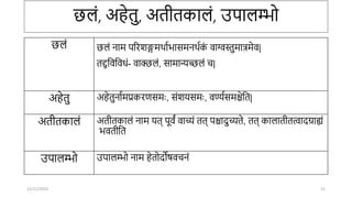 छलं, अहेतु, अतीतकालं, उपालम्भो
छलं छलं िाम पररशङ्गमर्ााभासमिर्ाक
ं वाग्वस्तुमात्रमेव|
तद्द
् तवतविं- वाक्छलं, सामान्यच्छलं ि|
अहेतु अहेतुिाामप्रकरणसमः, संशर्समः, वर्ण्यासमश्चेतत|
अतीतकालं अतीतकालं िाम र्त् पूवं वाच्यं तत् पश्चादुच्यते, तत् कालातीतत्वादग्राह्यं
भवतीतत
उपालम्भो उपालम्भो िाम हेतोदोषवििं
12/12/2022 21
 