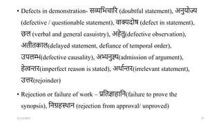 • Defects in demonstration- सव्यतभिारर (doubtful statement), अिुर्ोज्य
(defective / questionable statement), वाक्यदोष (defect in statement),
छल (verbal and general casuistry), अहेतु(defective observation),
अतीतकाल(delayed statement, defiance of temporal order),
उपलम्भ(defective causality), अभ्यिुज्ञ्य(admission of argument),
हेत्विर(imperfect reason is stated), अर्ाािर(irrelevant statement),
उत्तर(rejoinder)
• Rejection or failure of work – प्रततज्ञाहाति(failure to prove the
synopsis), तिग्रहस्र्ाि (rejection from approval/ unproved)
12/12/2022 37
 