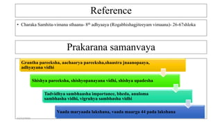 Reference
• Charaka Samhita-vimana sthaana- 8th adhyaaya (Rogabhishagjiteeyam vimaana)- 26-67shloka
Prakarana samanvaya
Grantha pareeksha, aachaarya pareeksha,shaastra jnaanopaaya,
adhyayana vidhi
Shishya pareeksha, shishyopanayana vidhi, shishya upadesha
Tadvidhya sambhaasha importance, bheda, anuloma
sambhasha vidhi, vigruhya sambhasha vidhi
Vaada maryaada lakshana, vaada maarga 44 pada lakshana
12/12/2022 7
 