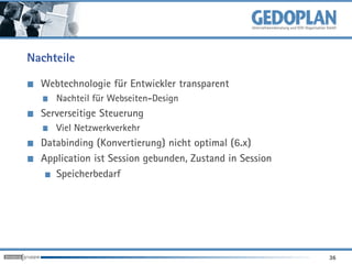 Nachteile

  Webtechnologie für Entwickler transparent
     Nachteil für Webseiten-Design
  Serverseitige Steuerung
     Viel Netzwerkverkehr
  Databinding (Konvertierung) nicht optimal (6.x)
  Application ist Session gebunden, Zustand in Session
     Speicherbedarf




                                                         36
 