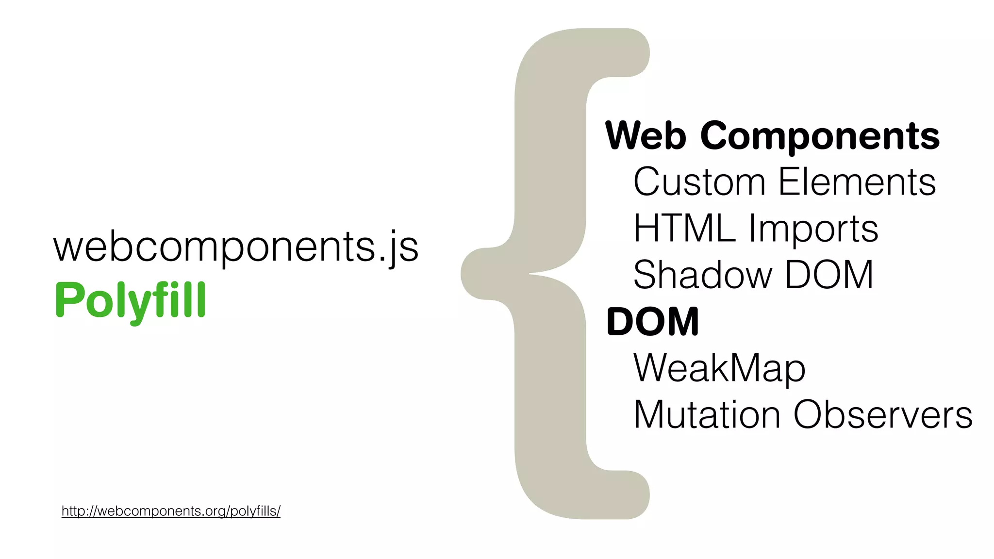 webcomponents.js
Polyﬁll
http://webcomponents.org/polyﬁlls/
Web Components
Custom Elements
HTML Imports
Shadow DOM
DOM
WeakMap
Mutation Observers{
 