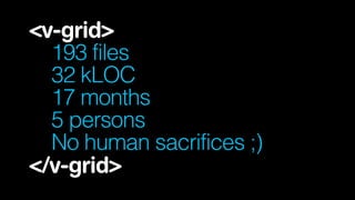<v-grid> 
193 files
32 kLOC 
17 months 
5 persons
No human sacrifices ;) 
</v-grid>
 