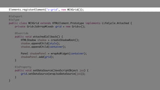 Elements.registerElement("v-grid", new WCVGrid());
@JsExport
@JsType
public class WCVGrid extends HTMLElement.Prototype implements LifeCycle.Attached {
private Grid<JsArrayMixed> grid = new Grid<>();
@Override
public void attachedCallback() {
HTMLShadow shadow = createShadowRoot();
shadow.appendChild(style);
shadow.appendChild(container);
Panel shadowPanel = wrapAsWidget(container);
shadowPanel.add(grid);
}
@JsProperty
public void setDataSource(JavaScriptObject jso) {
grid.setDataSource(wrapJsoDataSource(jso));
}
}
 