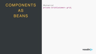 COMPONENTS
AS
BEANS
@Autowired
private Grid<Customer> grid;
 