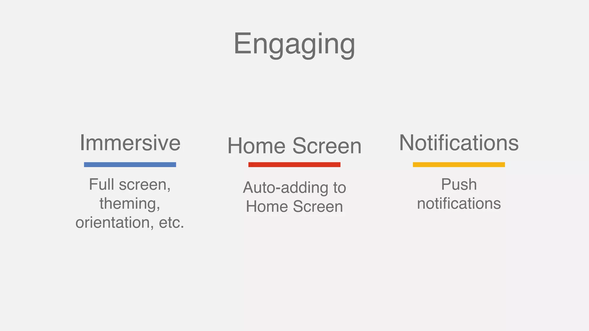 Full screen,
theming,
orientation, etc.
Push
notiﬁcations
Immersive Notiﬁcations
Engaging
Auto-adding to
Home Screen
Home Screen
 