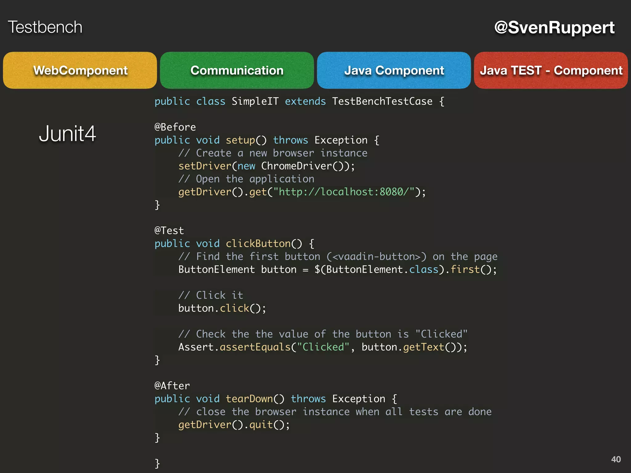 40
@SvenRuppertTestbench
CommunicationWebComponent Java Component Java TEST - Component
public class SimpleIT extends TestBenchTestCase {
@Before
public void setup() throws Exception {
// Create a new browser instance
setDriver(new ChromeDriver());
// Open the application
getDriver().get("http://localhost:8080/");
}
@Test
public void clickButton() {
// Find the first button (<vaadin-button>) on the page
ButtonElement button = $(ButtonElement.class).first();
// Click it
button.click();
// Check the the value of the button is "Clicked"
Assert.assertEquals("Clicked", button.getText());
}
@After
public void tearDown() throws Exception {
// close the browser instance when all tests are done
getDriver().quit();
}
}
Junit4
 