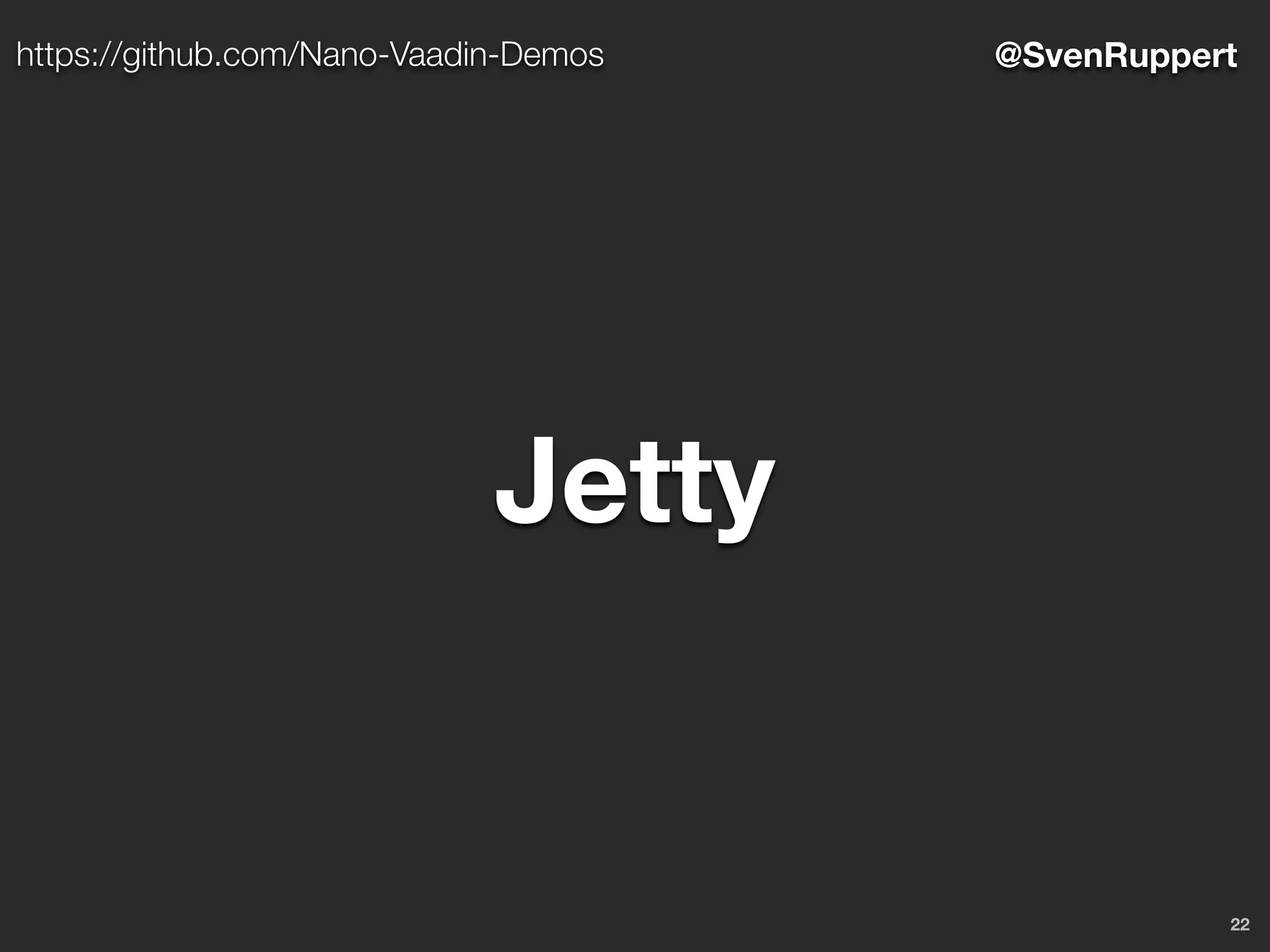22
@SvenRupperthttps://github.com/Nano-Vaadin-Demos
Jetty
 