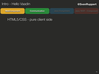 11
@SvenRuppert
CommunicationWebComponent Java Component Java TEST - Component
Intro - Hello Vaadin
HTML5/CSS - pure client side
 