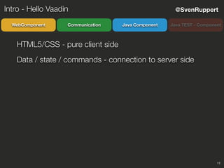 11
@SvenRuppert
CommunicationWebComponent Java Component Java TEST - Component
Intro - Hello Vaadin
HTML5/CSS - pure client side
Data / state / commands - connection to server side
 