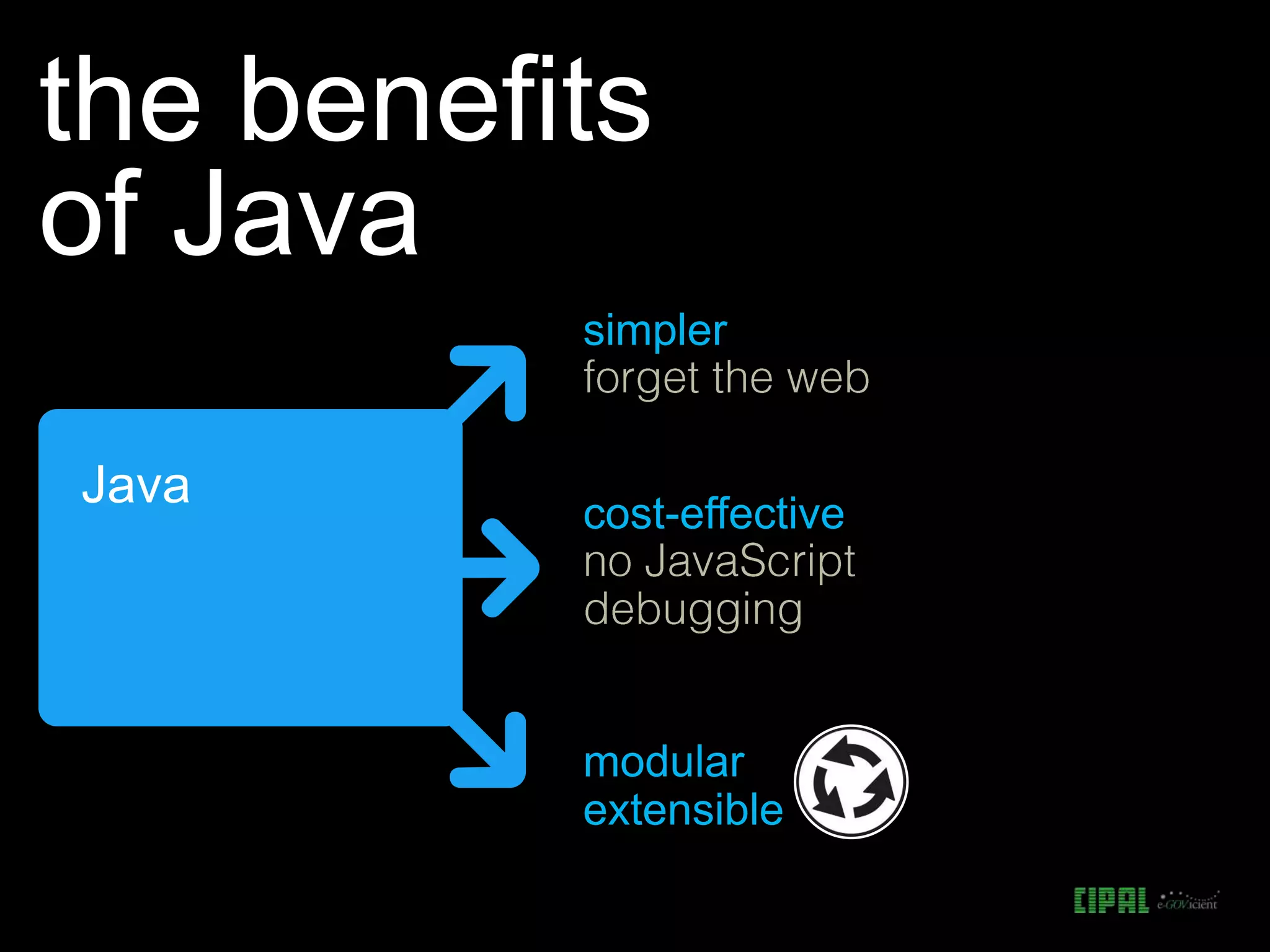 the benefits
of Java
simpler
Java
cost-effective
modular
extensible