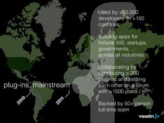 Used by >50.000
                       developers in >150
                       countries

                       Building apps for
                       fortune 500, startups,
                       governments, ...
                       across all industries

                       Collaborating by
                       conributing > 200
                       plug-ins and helping
plug-ins, mainstream   each other on a forum
                       with >1500 posts / m
    10




                11




                       Backed by 50+ person
   20




               20




                       full-time team
 