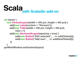 Scalawith Scaladin add-on
val layout =
  new VerticalLayout(width = 100 pct, height = 100 pct) {
      add(new Label(content = "Persons"))
      add(new Table(width = 100 pct, height = 100 pct),
          ratio = 1)
      add(new HorizontalLayout(spacing = true) {
          add(new Button("Edit selected", _ => editClicked()))
          add(new Button("Add new", _ => addNewClicked()))
       })
  }
getMainWindow.setContent(layout)
 