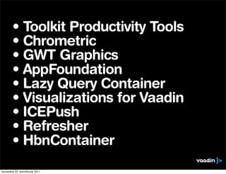 • Toolkit Productivity Tools
        • Chrometric
        • GWT Graphics
        • AppFoundation
        • Lazy Query Container
        • Visualizations for Vaadin
        • ICEPush
        • Refresher
        • HbnContainer
lauantaina 22. tammikuuta 2011
 