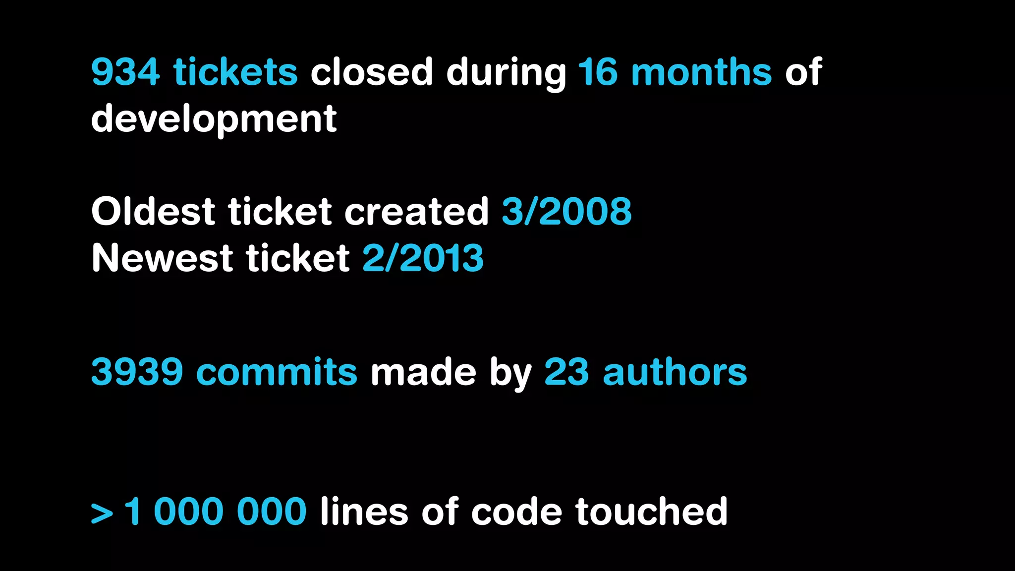 934 tickets closed during 16 months of
development

Oldest ticket created 3/2008
Newest ticket 2/2013

3939 commits made by 23 authors
93 % by 6 persons

> 1 000 000 lines of code touched
 