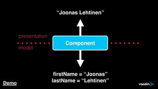 “Joonas Lehtinen”



       presentation
                           Component
       model




                       ﬁrstName = “Joonas”
Demo                  lastName = “Lehtinen”
 