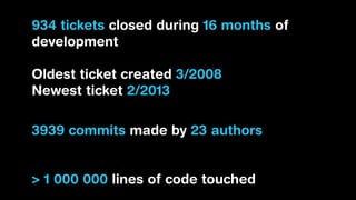 934 tickets closed during 16 months of
development

Oldest ticket created 3/2008
Newest ticket 2/2013

3939 commits made by 23 authors
93 % by 6 persons

> 1 000 000 lines of code touched
 
