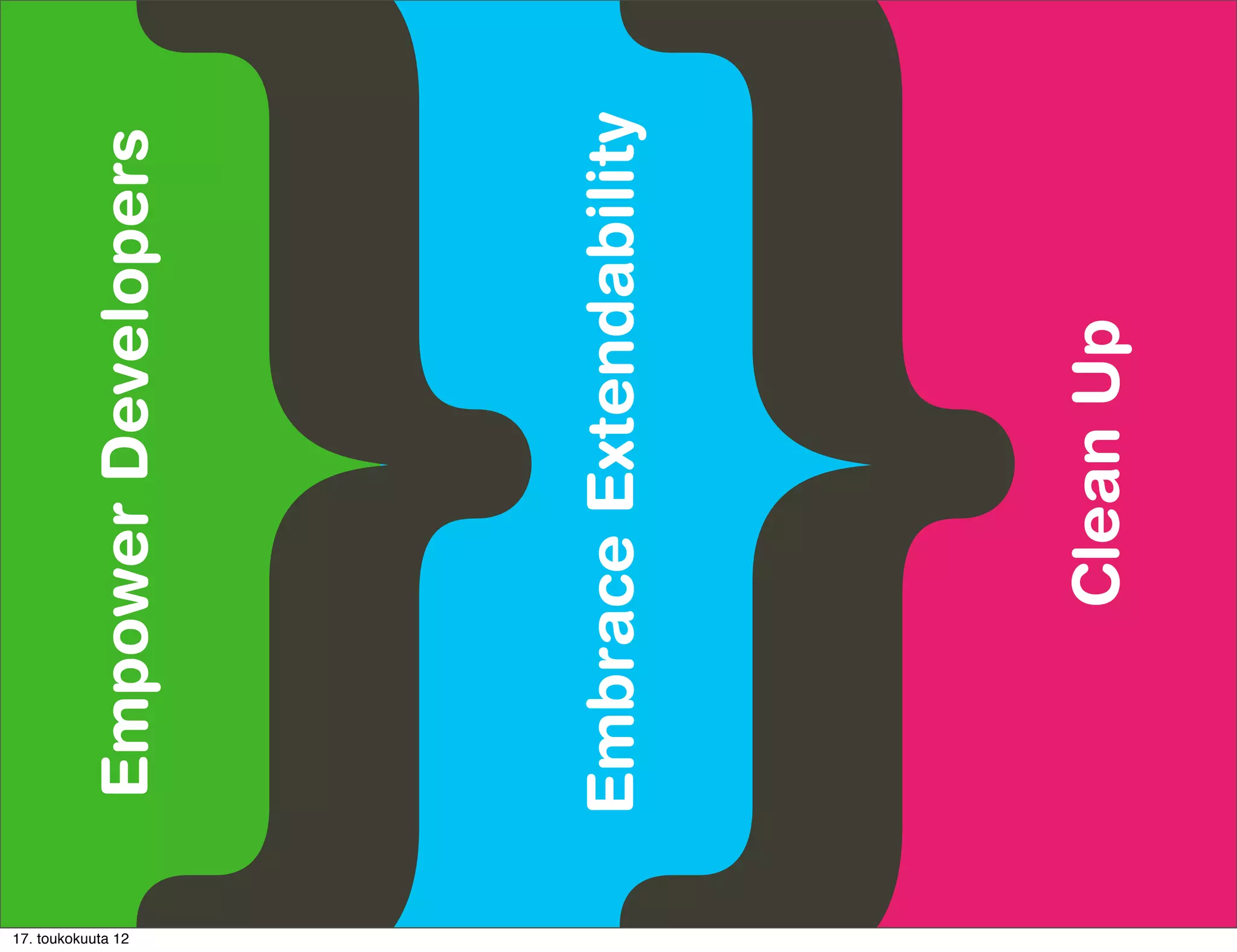 17. toukokuuta 12
                    Empower Developers




                    Embrace Extendability




                          Clean Up
 
