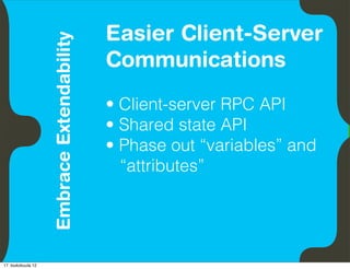Easier Client-Server
                               Embrace Extendability
          Empower Developers
                                                       Communications
                                                       • Client-server RPC API
                                                       • Shared state API
                                                       • Phase out “variables” and
                                                         “attributes”




17. toukokuuta 12
 