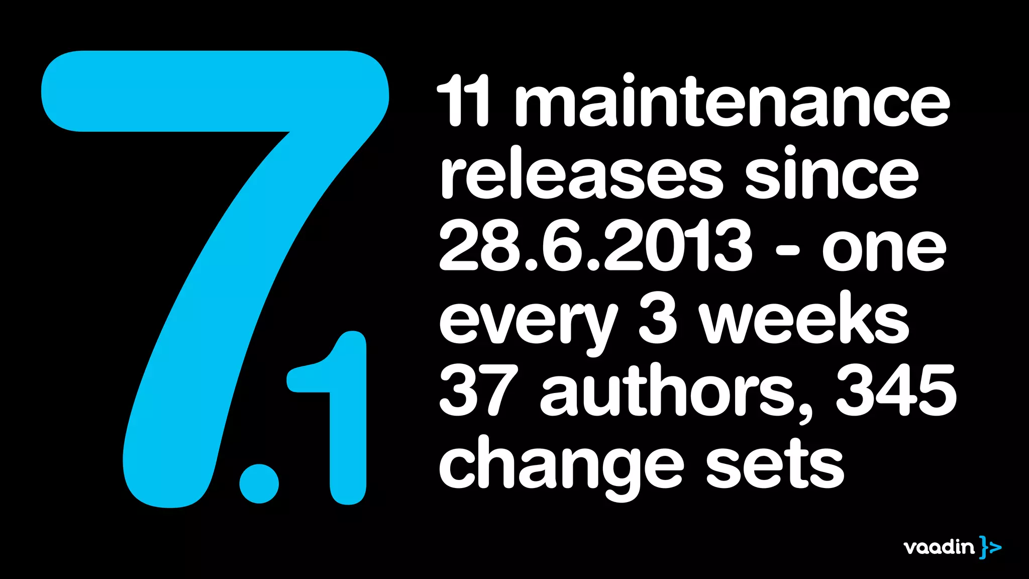 7
.1

11 maintenance
releases since
28.6.2013 - one
every 3 weeks
37 authors, 345
change sets

 