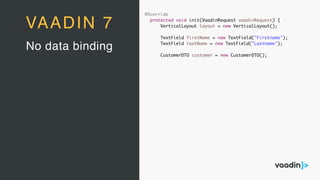 @Override
protected void init(VaadinRequest vaadinRequest) {
VerticalLayout layout = new VerticalLayout();
TextField firstName = new TextField("Firstname");
TextField lastName = new TextField("Lastname");
CustomerDTO customer = new CustomerDTO();
No data binding
VAADIN 7
 