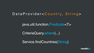 D a t a P r o v i d e r < C o u n t r y, S t r i n g >
java.util.function.Predicate<T>
CriteriaQuery.where(...)
Service.ﬁndCountries(String)
 