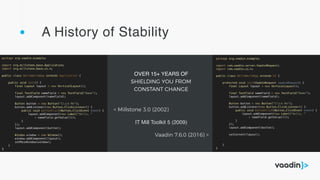 A History of Stability
OVER 15+ YEARS OF 
SHIELDING YOU FROM 
CONSTANT CHANGE
< Millstone 3.0 (2002)
IT Mill Toolkit 5 (2009)
Vaadin 7.6.0 (2016) >
 