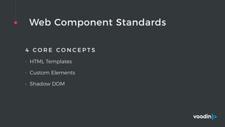 Web Component Standards
4 C O R E C O N C E P T S
• HTML Templates
• Custom Elements
• Shadow DOM
 