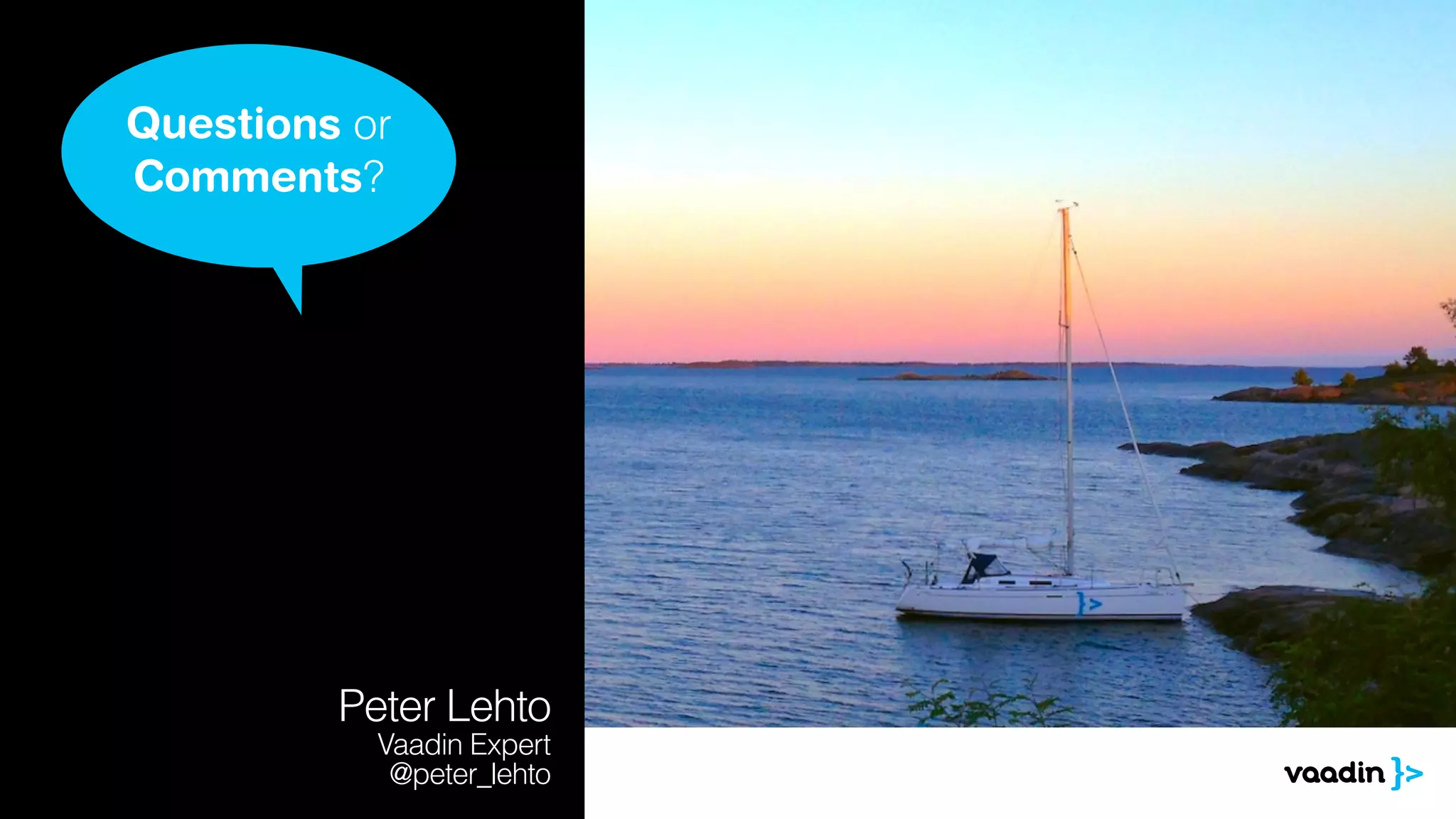 Questions or 
Comments? 
Peter Lehto 
Vaadin Expert 
@peter_lehto 

