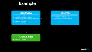 Presenter 
+ saveButtonClicked()! 
+ cancelButtonClicked()! 
Example 
EditorView 
- Button saveButton;! 
- Button cancelButton;! 
- FieldGroup personFieldGroup; 
+ commitChanges()! 
+ discardChanges() 
ClickListener 
+ buttonClicked() 
 