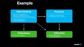 Presenter 
+ saveButtonClicked()! 
+ cancelButtonClicked()! 
+ commitChanges()! 
+ discardChanges() 
Example 
EditorViewImpl 
- Button saveButton;! 
- Button cancelButton;! 
- FieldGroup personFieldGroup; 
+ commitChanges()! 
+ discardChanges() 
ClickListener 
+ buttonClicked() 
EditorView 
 